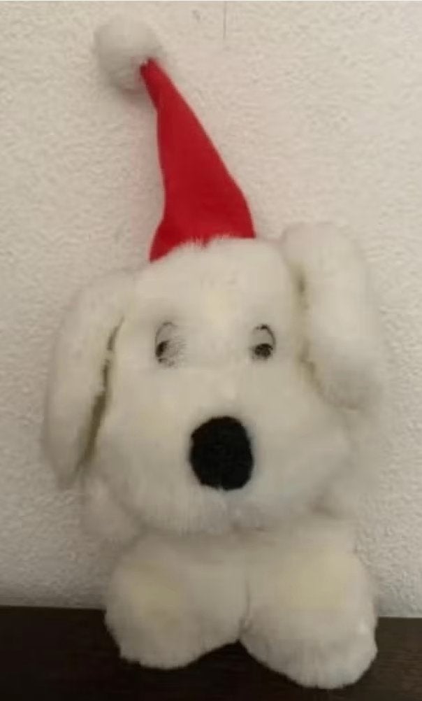Wit hondje met kerstmuts, kersthondje van 14 cm lang, Ophalen of Verzenden, Zo goed als nieuw, Hond