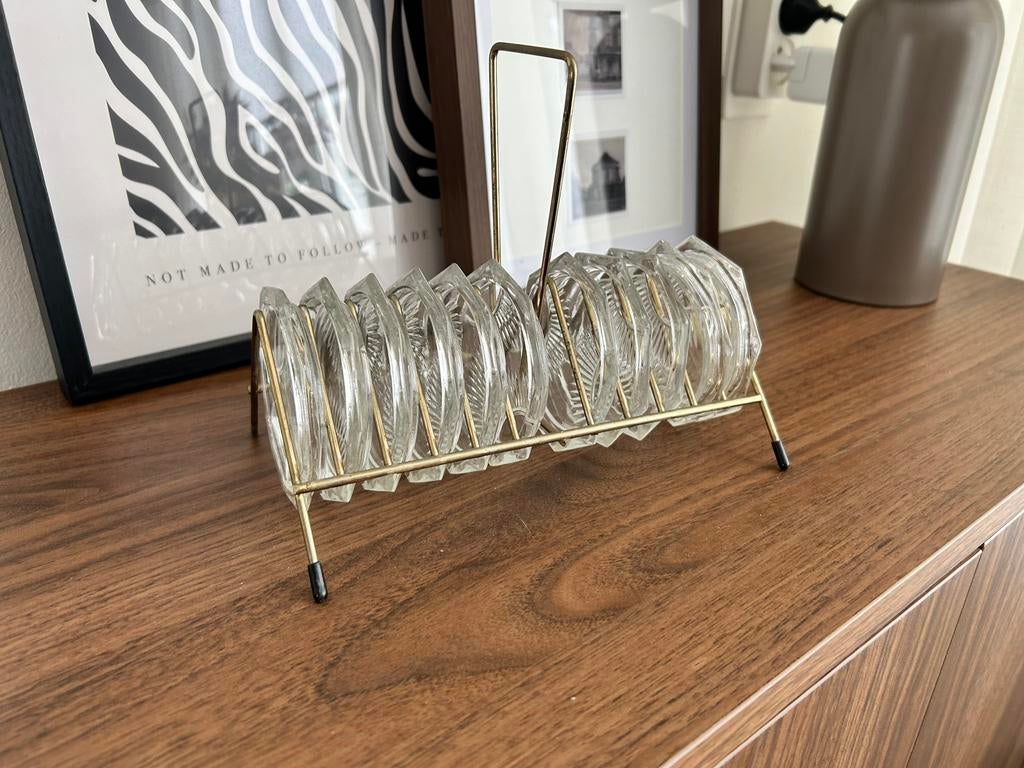 Vintage onderzetters in houder, Antiek en Kunst, Curiosa en Brocante, Ophalen of Verzenden
