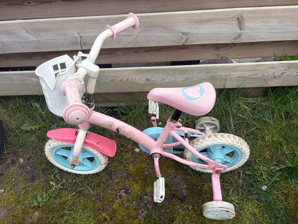 Roze meisjesfiets 10 inch met zijwieltjes - opknapper, Ophalen, Gebruikt, 14 inch of minder