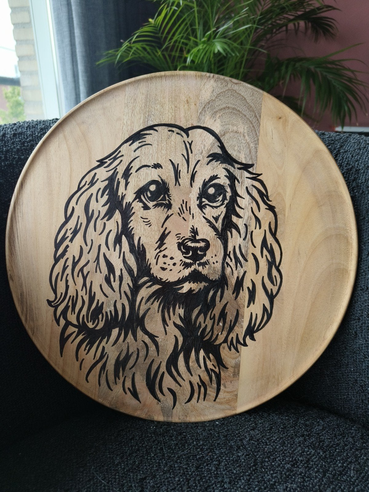 Handgemaakte Cocker Spaniel Hond op Houten Schijf - 37cm, Hout, Meerkleurig, Overige stijlen, Nieuw