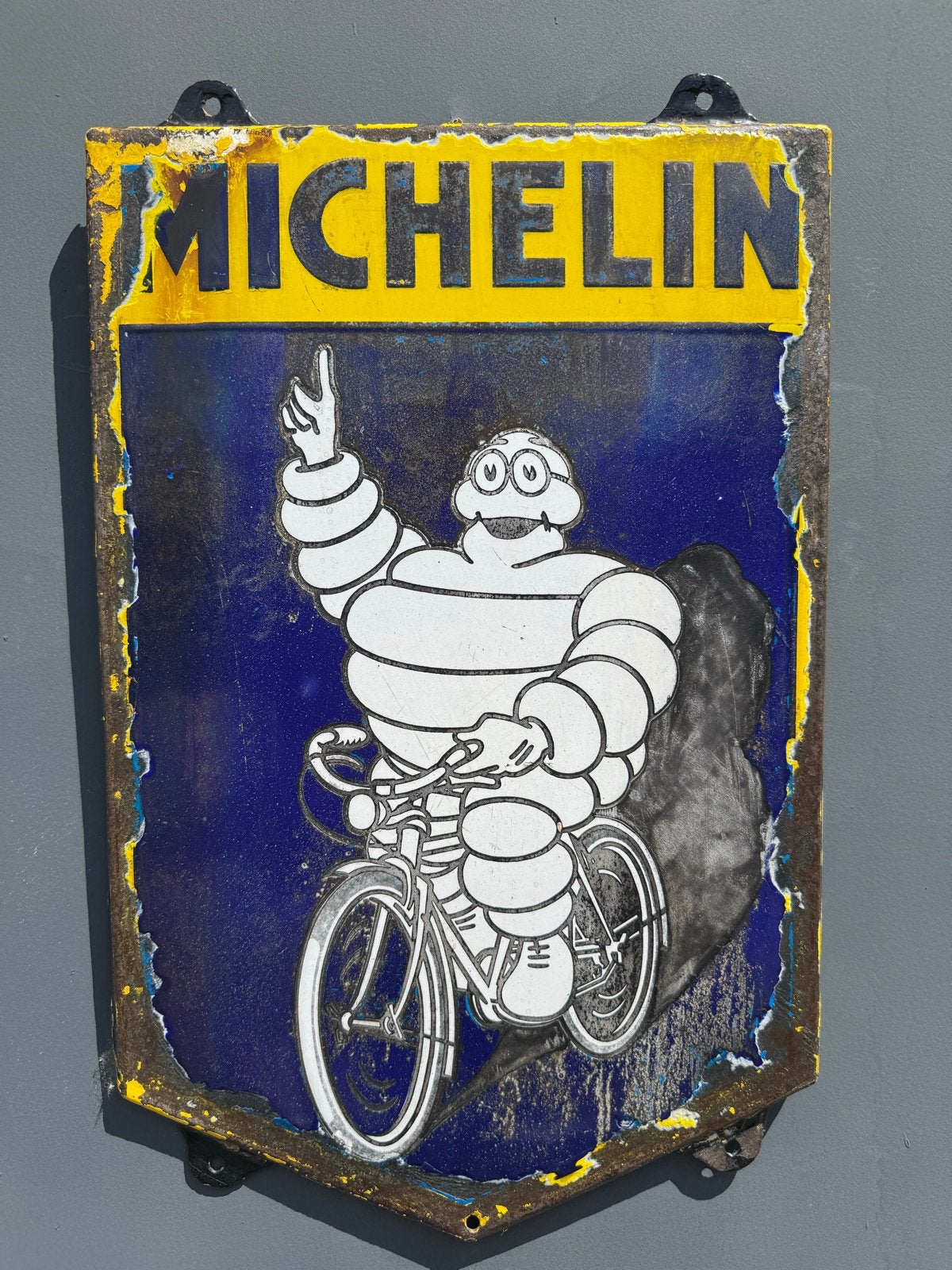 Vintage Michelin Emaille Reclamebord - Bibendum op Fiets, Ophalen of Verzenden