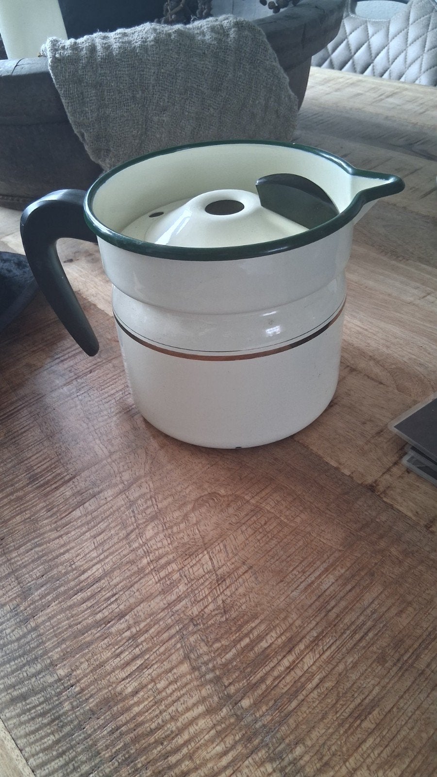 Vintage emaille koffiekan met filter - Groen/Wit, Antiek en Kunst, Antiek | Emaille, Ophalen of Verzenden