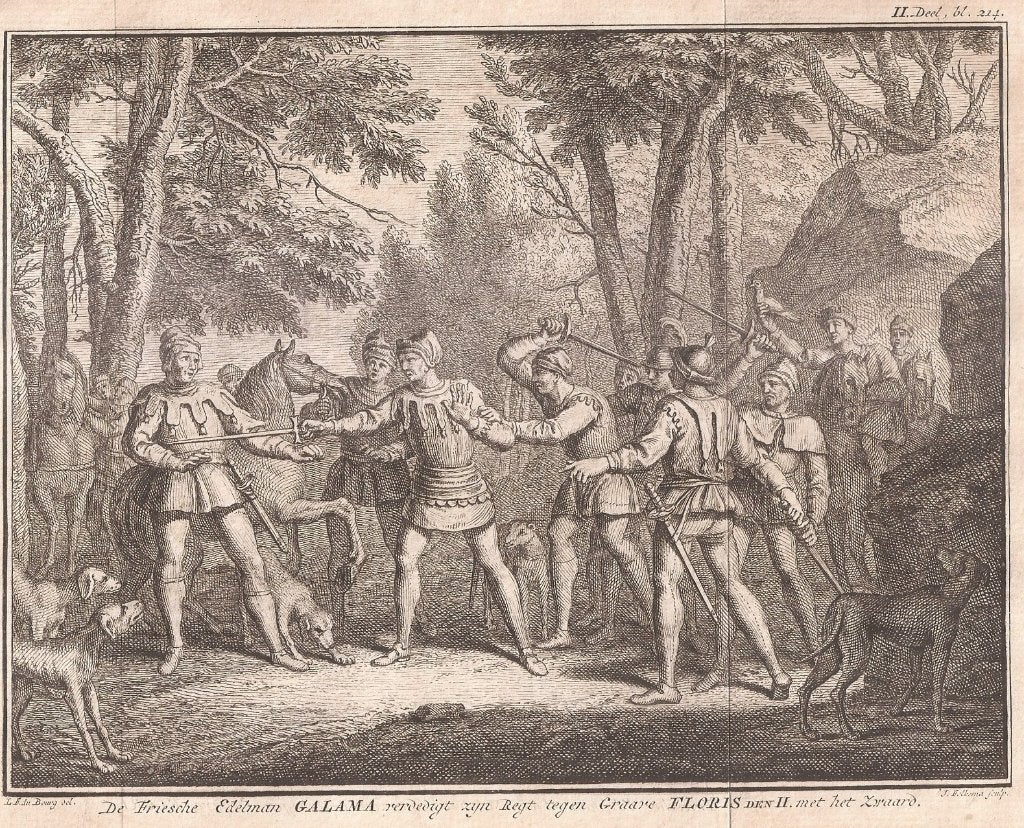 De Fries Galama verdedigt zich tegen graaf Floris II, Origineel, 19 cm, Ophalen of Verzenden, Gravure