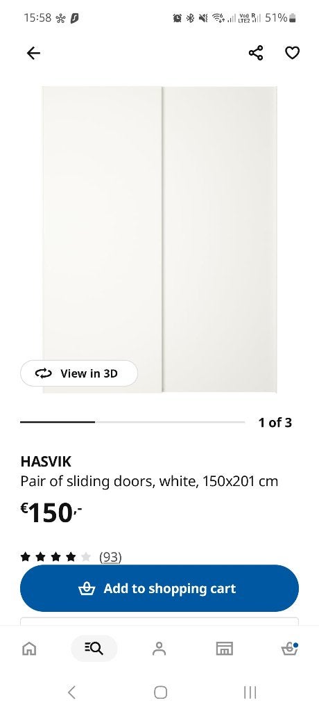 Ikea Hasvik Pax sliding door (75cmx2 for 150cm), Ophalen, 200 cm of meer, 150 tot 200 cm, Zo goed als nieuw