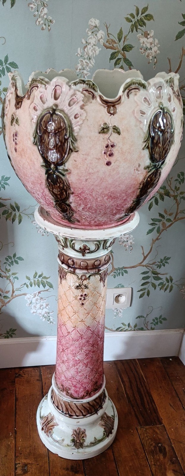 Antieke Majolica Jardinière op Zuil - Art Nouveau, Antiek en Kunst, Antiek | Vazen, Ophalen