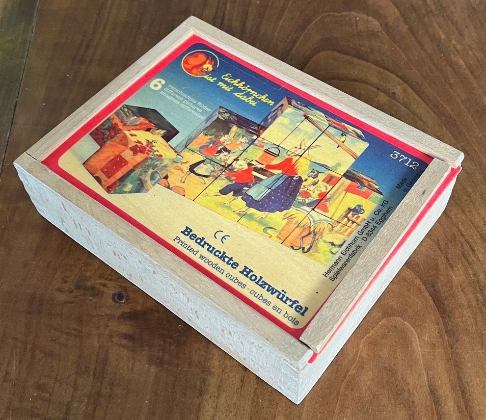 Vintage houten kubuspuzzel, Ophalen of Verzenden, 10 tot 50 stukjes, Gebruikt