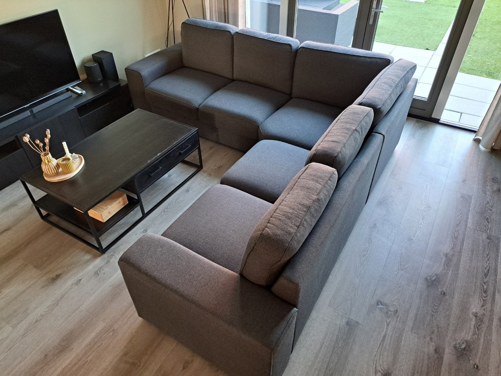 Hoekbank 6 zits | kleur: antraciet/grijs | 345x275 | HACO, Huis en Inrichting, Banken | Complete zithoeken, Ophalen, Gebruikt