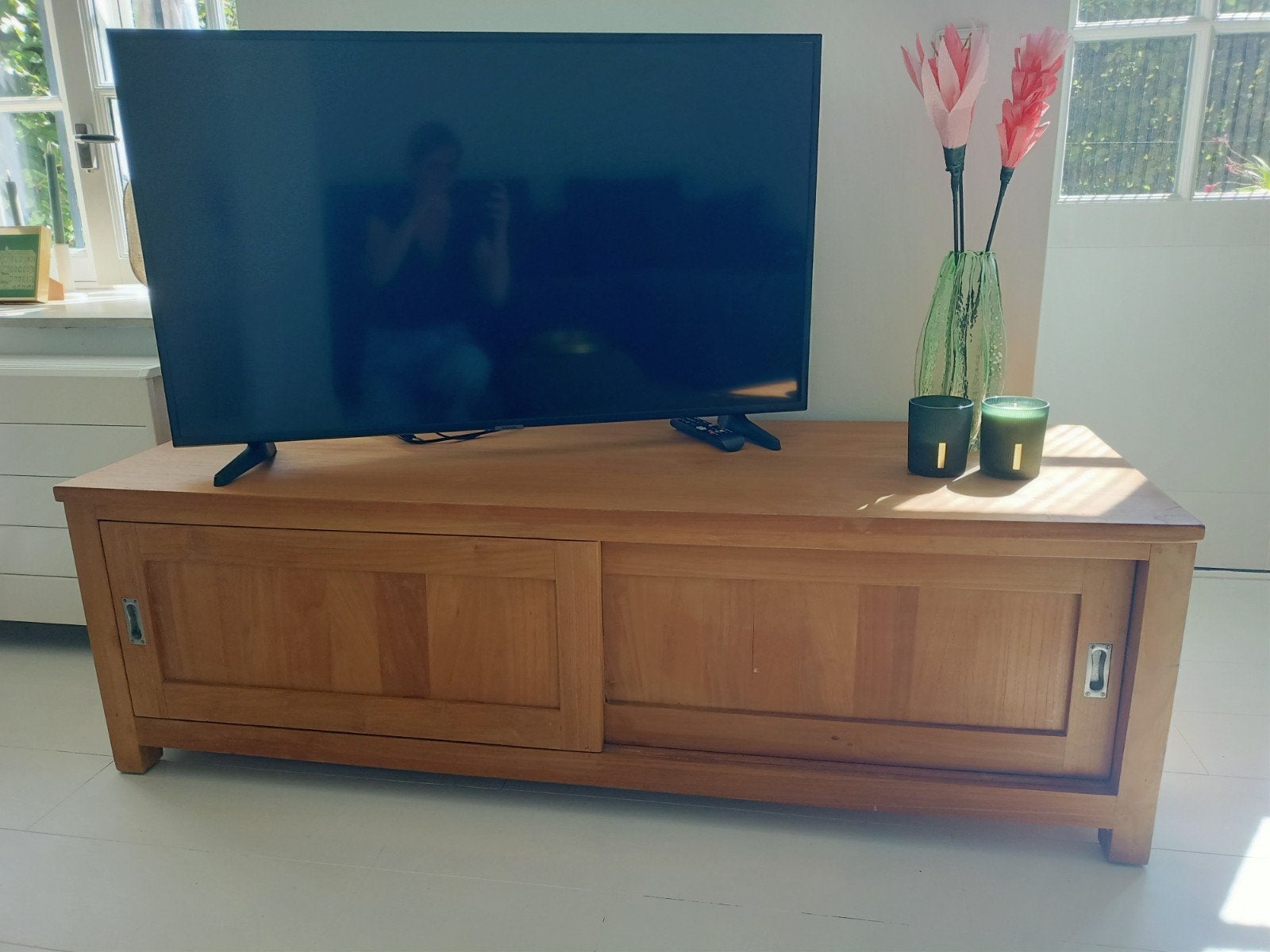 Teakhouten tv meubel, Ophalen, Gebruikt, 150 tot 200 cm, Teakhout