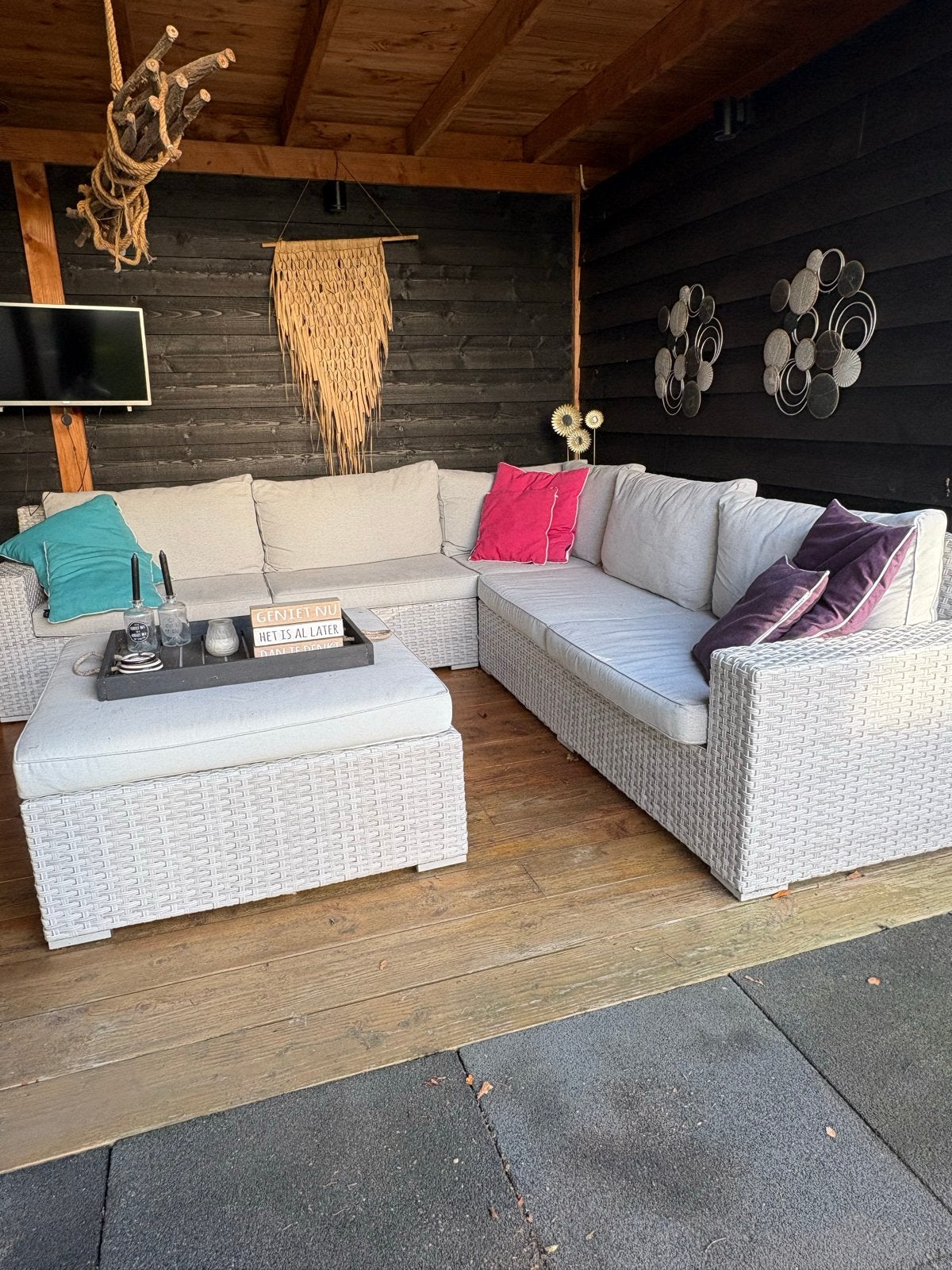 Loungebank Wicker Grijs met Hocker, Tuin en Terras, Ophalen, Meer dan 8 zitplaatsen, Zo goed als nieuw, Loungeset