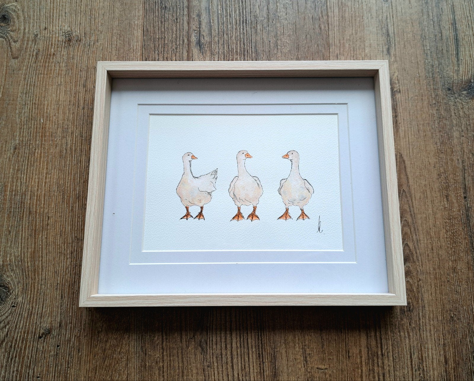 Schilderij gansjes origineel aquarel | Inclusief lijstframe, Aquarel, Papier/karton, Ophalen of Verzenden, Dieren