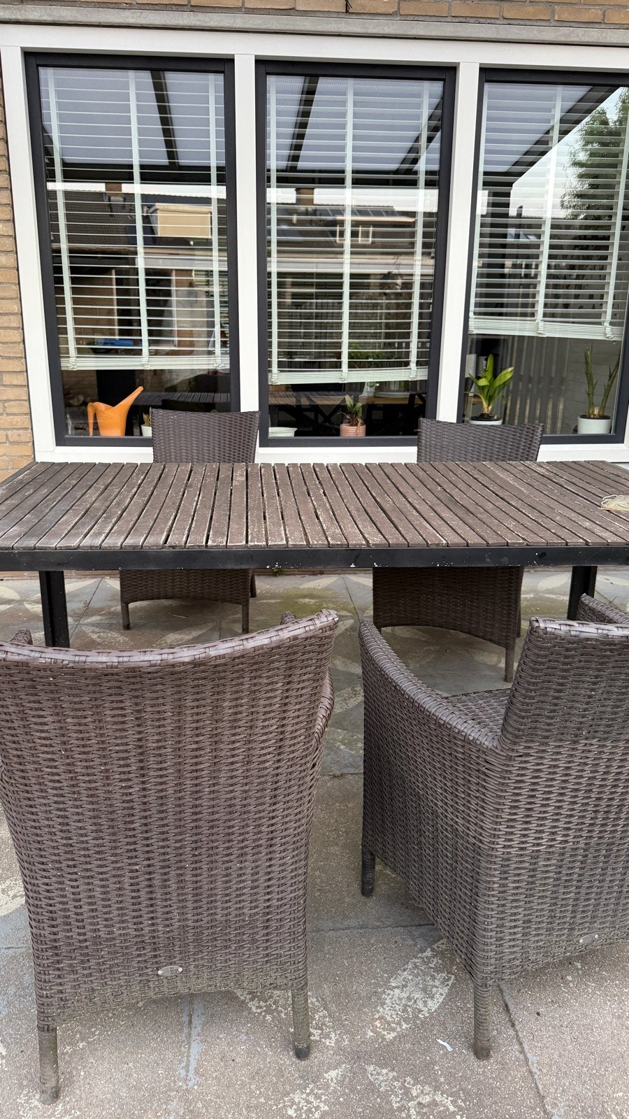 Tuinset met 4 wicker stoelen en houten tafel, Tuin en Terras, Ophalen, 4 zitplaatsen, Gebruikt, Eettafel