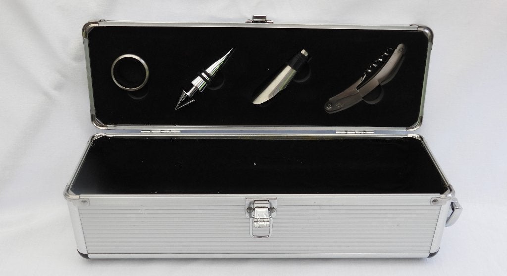 luxe Aluminium wijnkist en wijn accesoires verjaardag cadeau, Ophalen of Verzenden, Zo goed als nieuw, Metaal, Minder dan 5 flessen