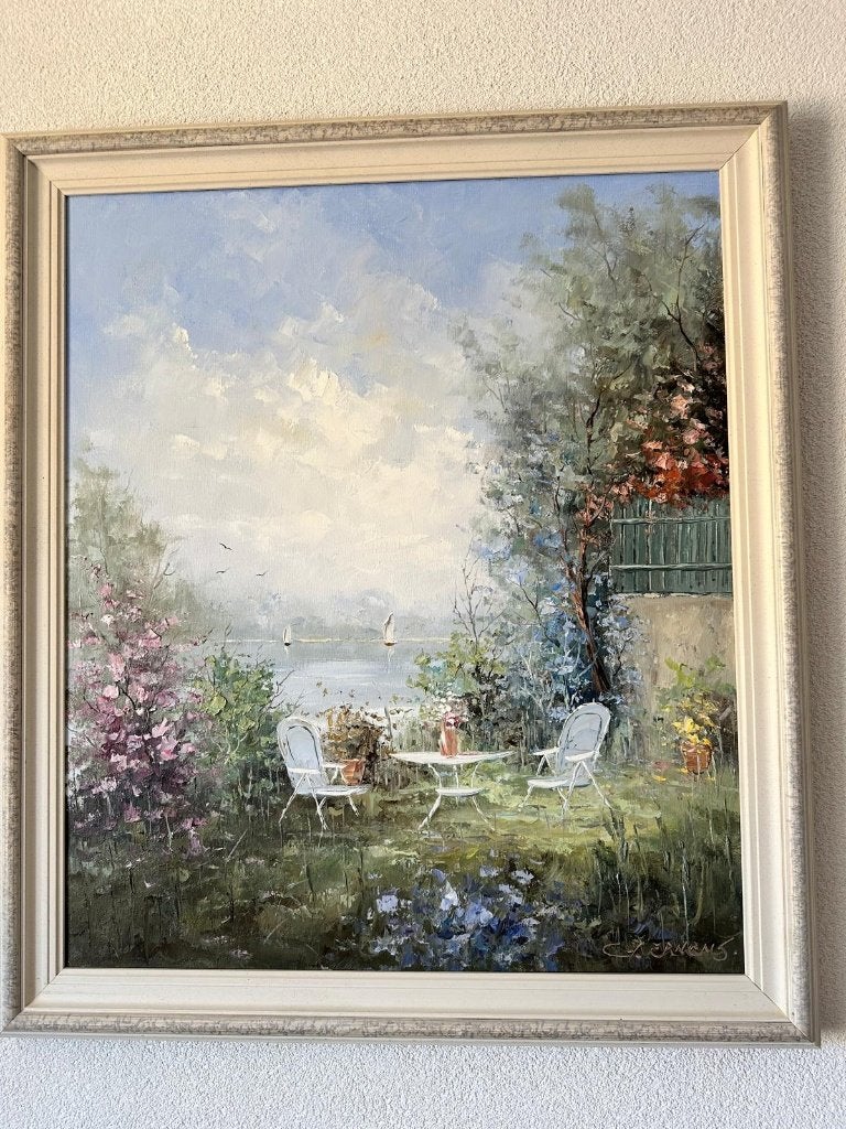 Schilderij G.J. Ernens – zomers tuinlandschap aan het water, Ophalen, Doek, Origineel werk, Impressionistisch
