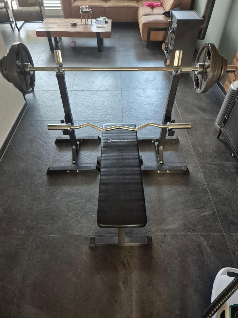 Bankdrukset Olympische stangen compleet, Sport en Fitness, Fitnessmaterialen, Zo goed als nieuw, Fitnessbank, Armen, Benen, Borst