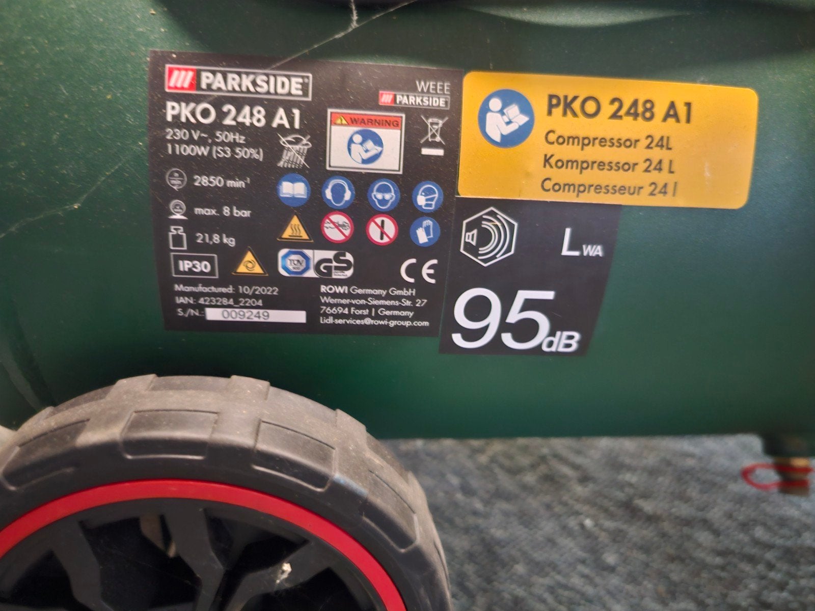 Parkside PKO 248 A1 Compressor 24L - Zo goed als nieuw, Minder dan 25 liter, Ophalen of Verzenden, Zo goed als nieuw, Minder dan 200 liter/min