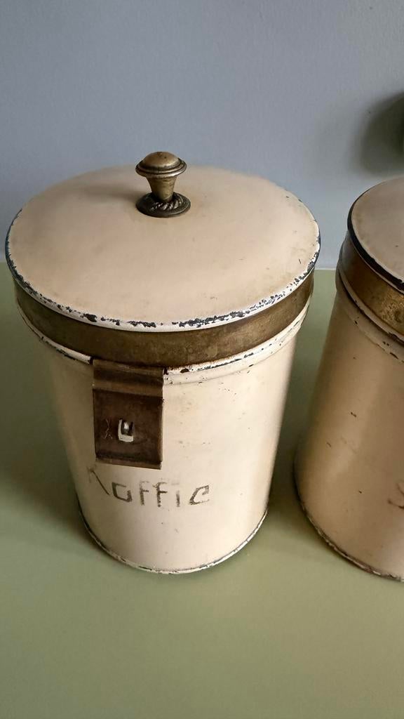 Set van 3 Antieke Voorraadblikken: Koffie, Suiker, Thee, Ophalen of Verzenden, Zo goed als nieuw