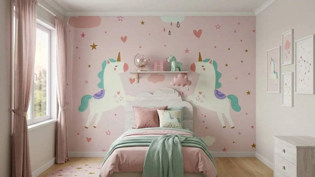 Eenhoorn behang kinderkamer – roze wolken op maat, Overige merken, 75 m² of meer, Modern, Ophalen of Verzenden