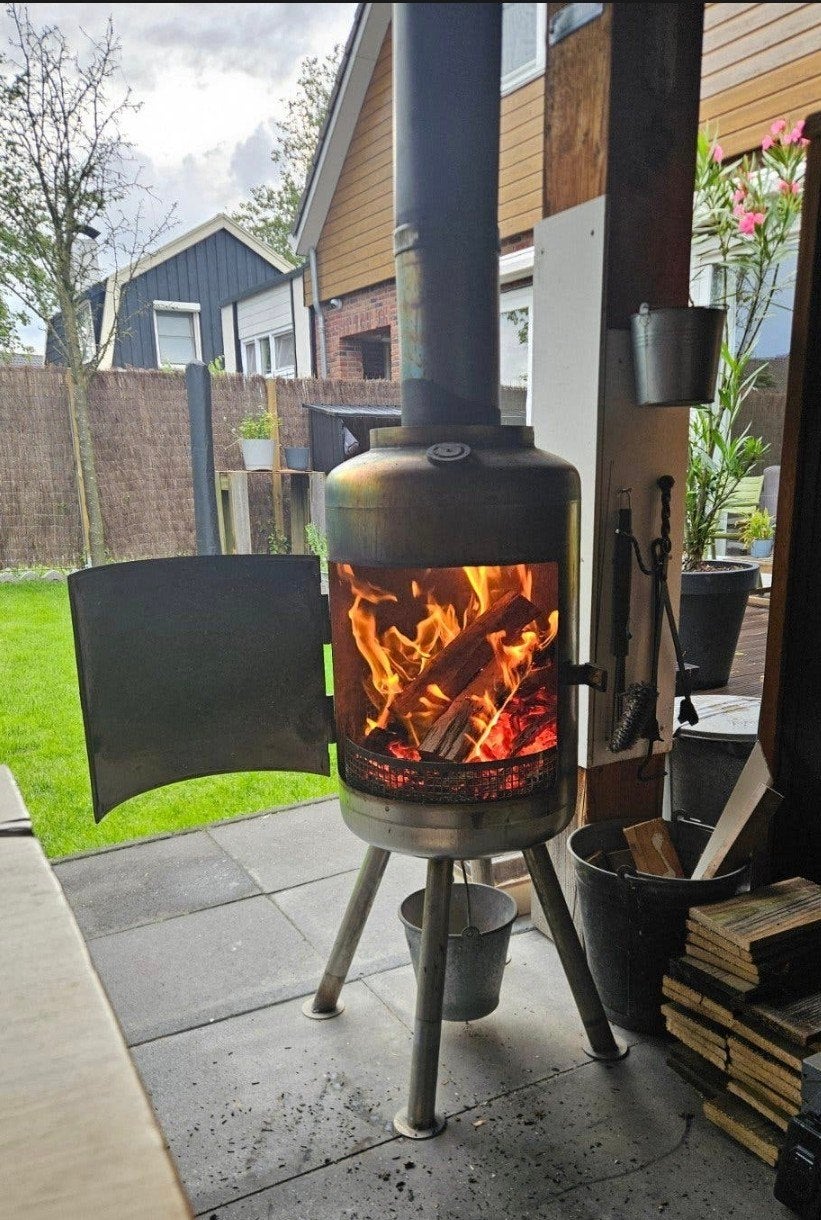 Unieke Verchroomde Vuurton Openhaard Terraskachel, Ophalen, Zo goed als nieuw, Vuurton