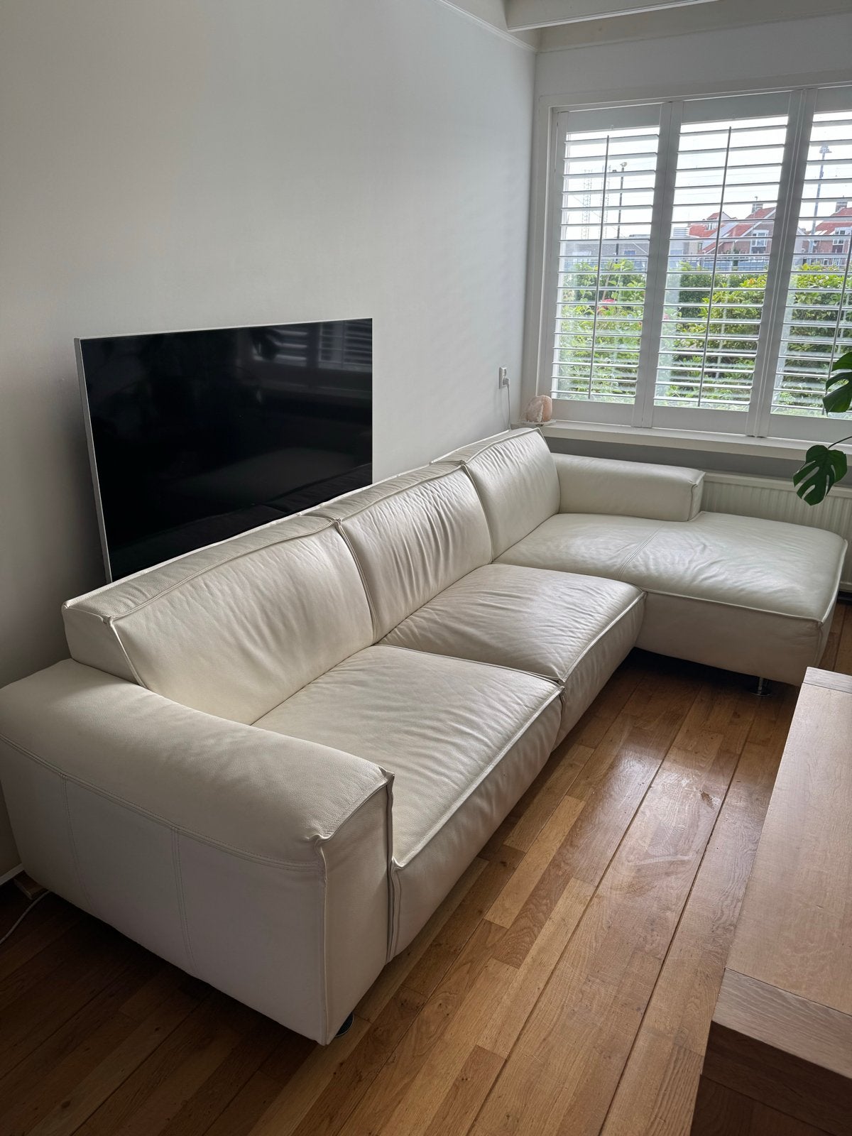 Leren hoekbank van Piet Klerkx, 3.15m x 1.60m, off-white., Ophalen, Gebruikt, Hoekbank, 300 cm of meer