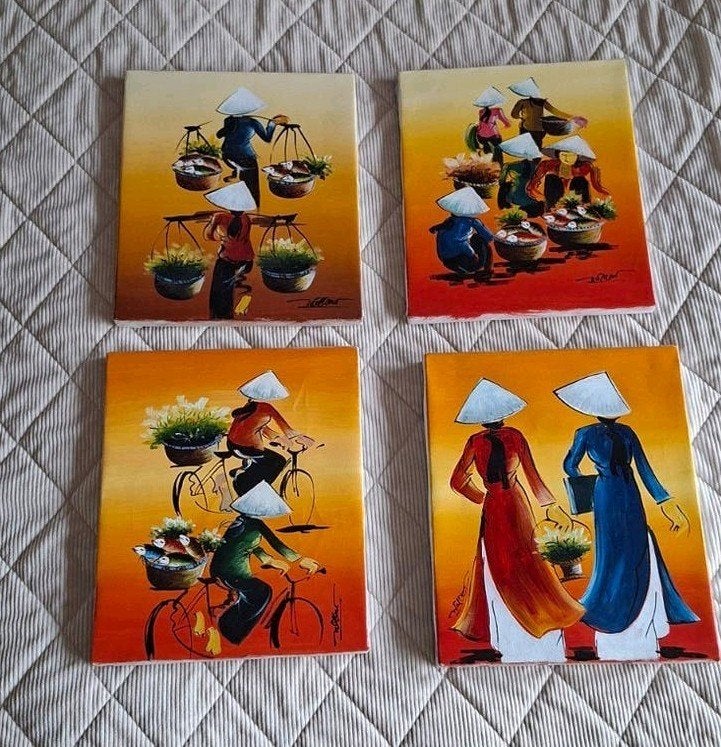 Set 4 Aziatische schilderijen op doek, Ophalen of Verzenden