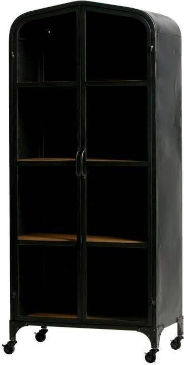 WOOOD Lori Industriële Vitrinekast op wielen met 2 planken, Huis en Inrichting, Ophalen, Gebruikt, 50 tot 100 cm, Glas