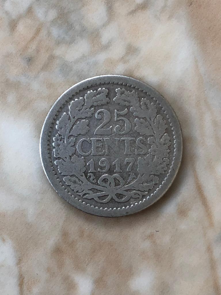 25 cent 1917, zilver, Wilhelmina., Postzegels en Munten, Munten | Nederland, Verzenden, Zilver, 25 cent, Koningin Wilhelmina