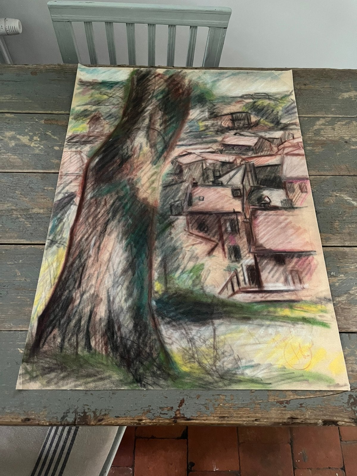 KUNST TEKENING VILT KARTON PAPIER LANDSCHAP, Antiek en Kunst, Ophalen of Verzenden