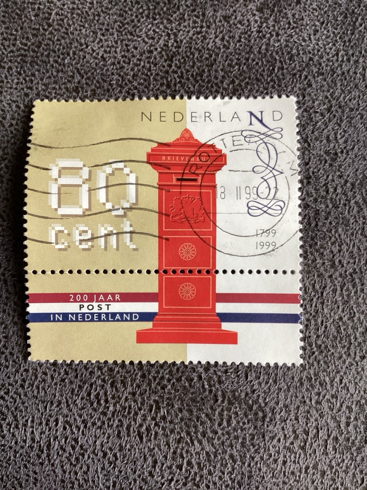 Nederlandse postzegel 80 cent - 200 jaar Post, Postzegels en Munten, Ophalen of Verzenden, Na 1940, Gestempeld