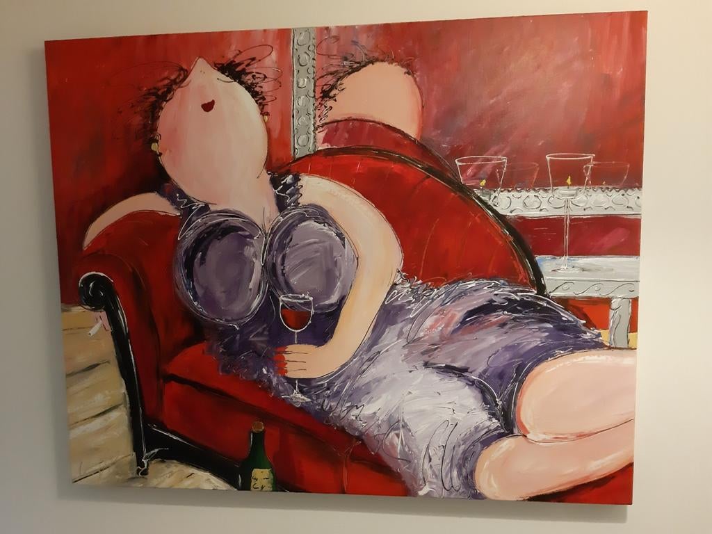 Groot schilderij Patrick van Haren - Vrouw op bank, Ophalen of Verzenden