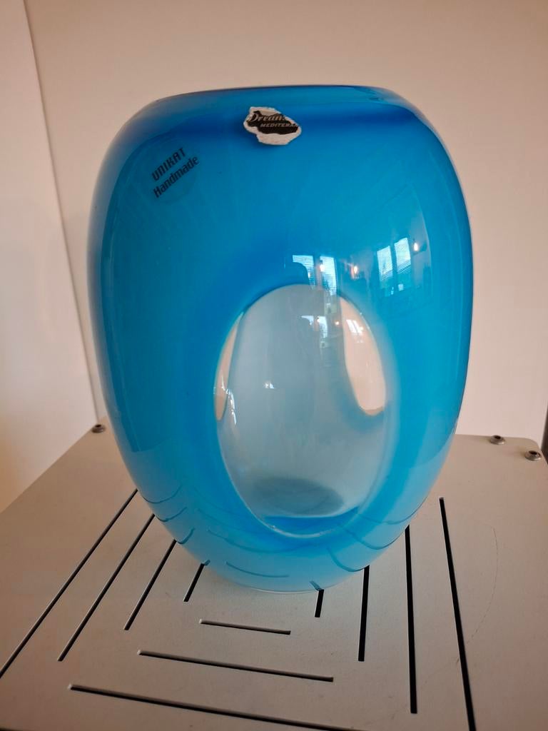 Vintage Mondgeblazen Space Age Turquoise Vaas, Ophalen of Verzenden