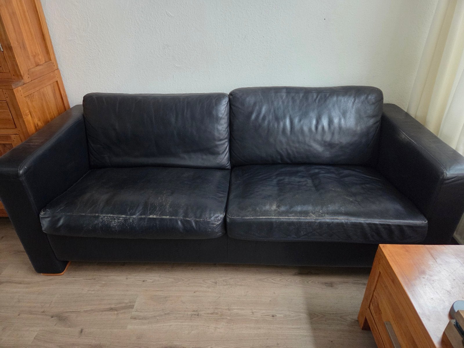 Montel bank, donkerblauw leer, twee zits., Ophalen, Gebruikt, 150 tot 200 cm, Tweepersoons