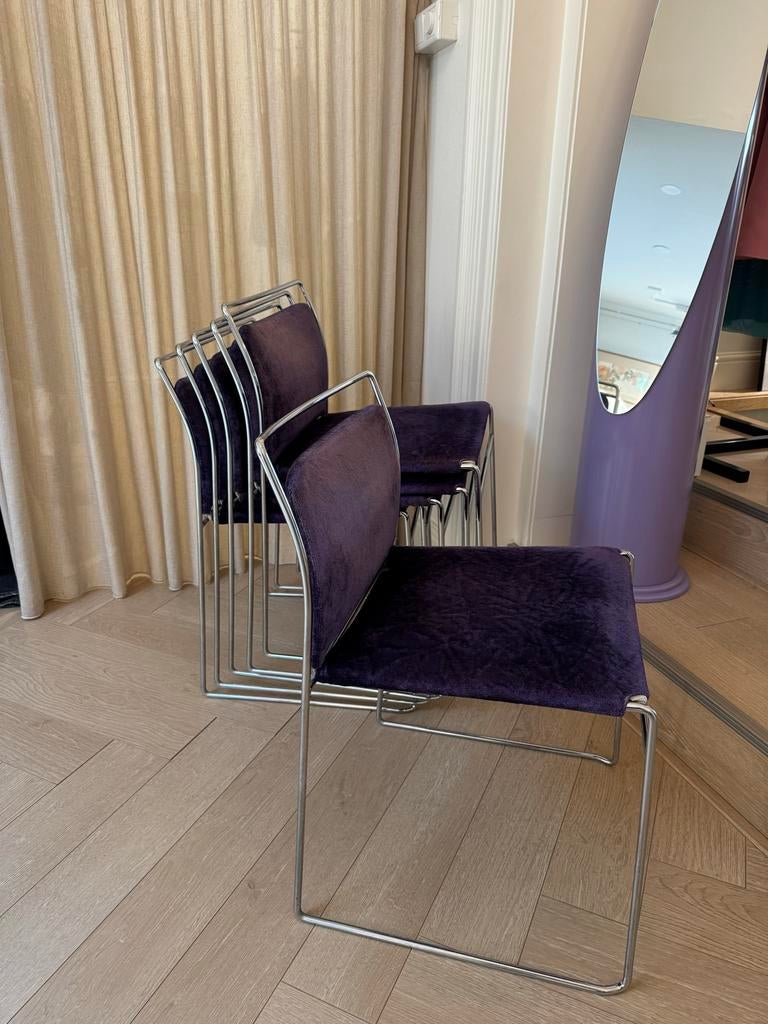 Vintage Paarse Fluweel Stapelbare Stoelen met Chroom Frame, Ophalen, Gebruikt, Overige kleuren, Retro  80er jaren
