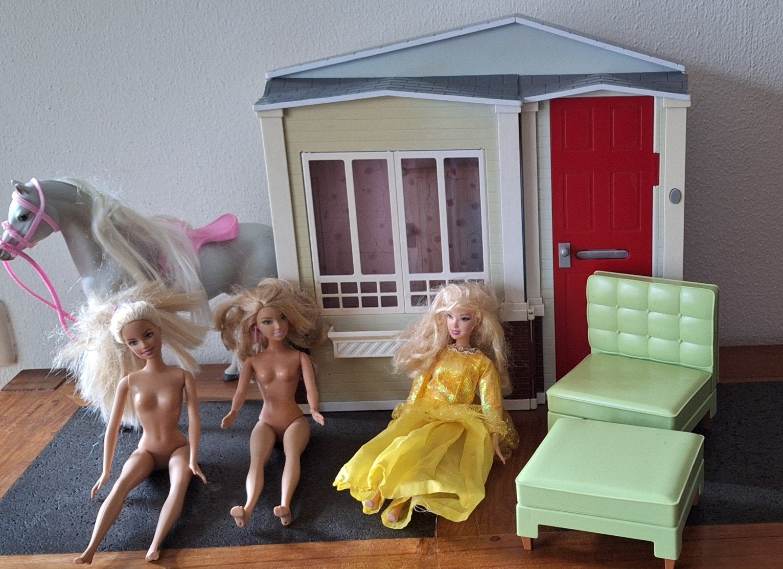 Vintage Uitklapbaar Barbiehuis+3 Barbies+Paard (Mattel), Ophalen, Gebruikt, Poppenhuis