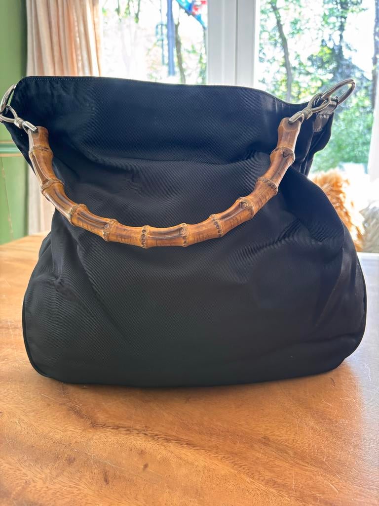 Vintage Gucci Hobo Tas - Canvas & Bamboe Handvat, Ophalen of Verzenden, Zo goed als nieuw, Zwart, Handtas