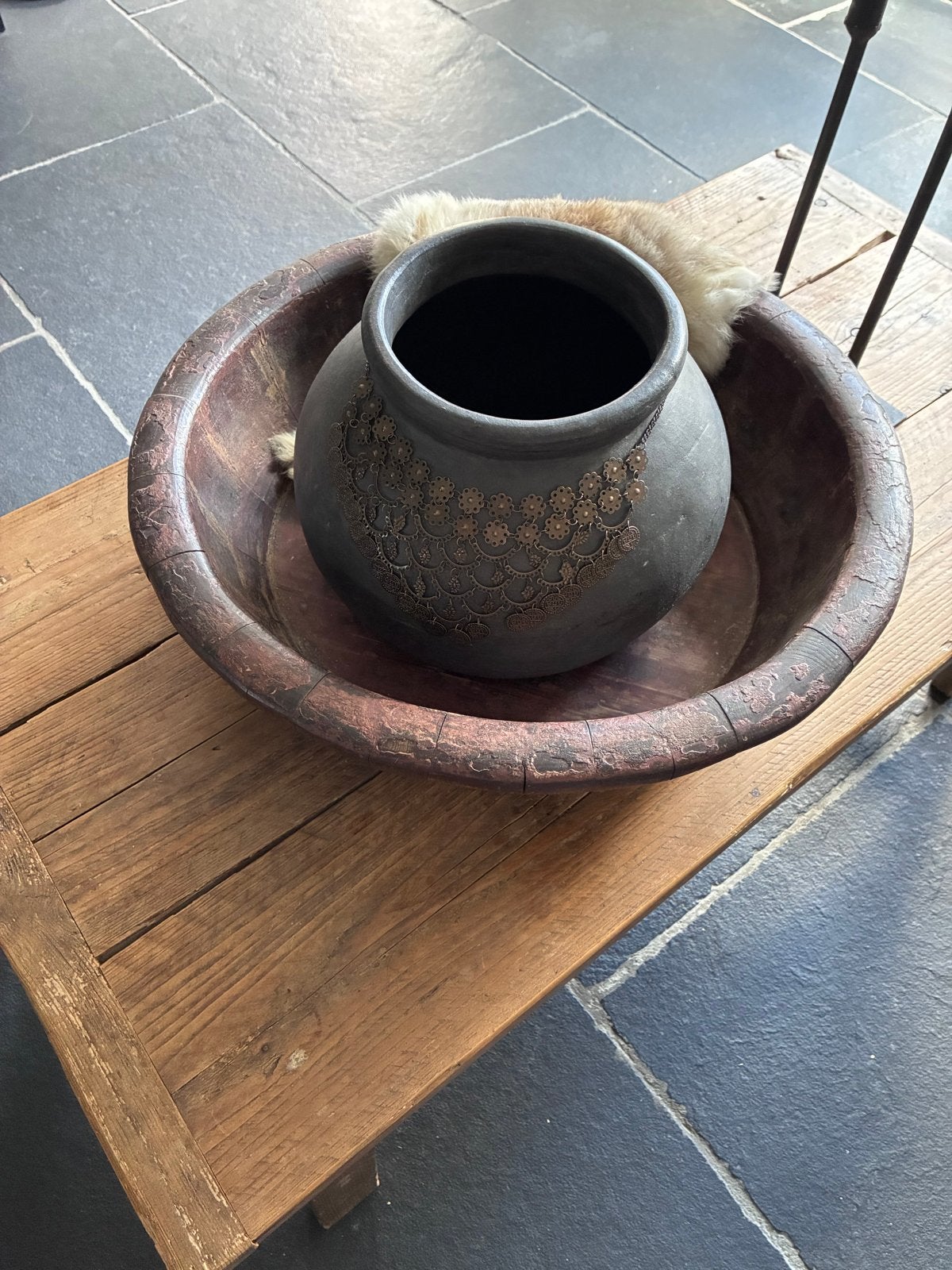 Prachtige oude olijfbak XL, Ophalen, Rond, Hout
