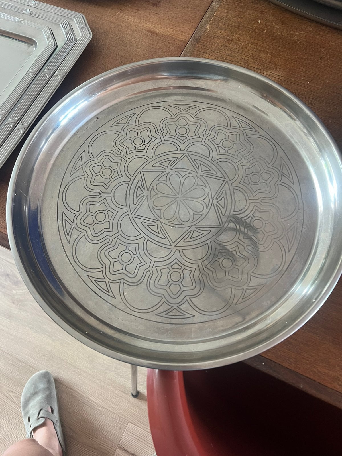 Groot rond zilverkleurig dienblad mandala-gravure - Ø41cm, Ophalen, Zo goed als nieuw, Rond, Metaal