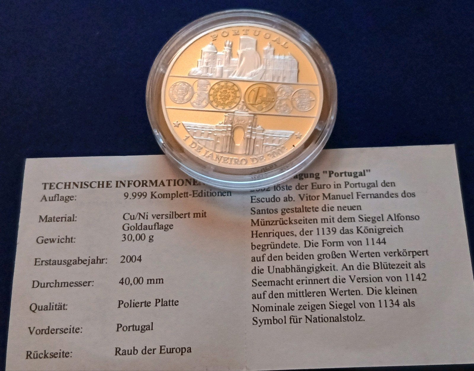 Portugal 1 Euro 2002 Proof Herdenkingsmunt Verzilverd Goud, Ophalen of Verzenden, Overige landen, Goud