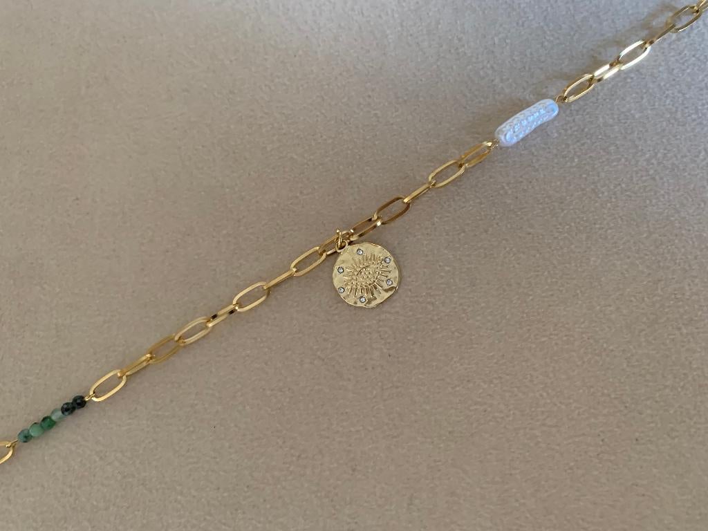 Gouden paperclip schakel ketting met kralen en oogje, Overige materialen, Nieuw, Ophalen of Verzenden, Verstelbaar