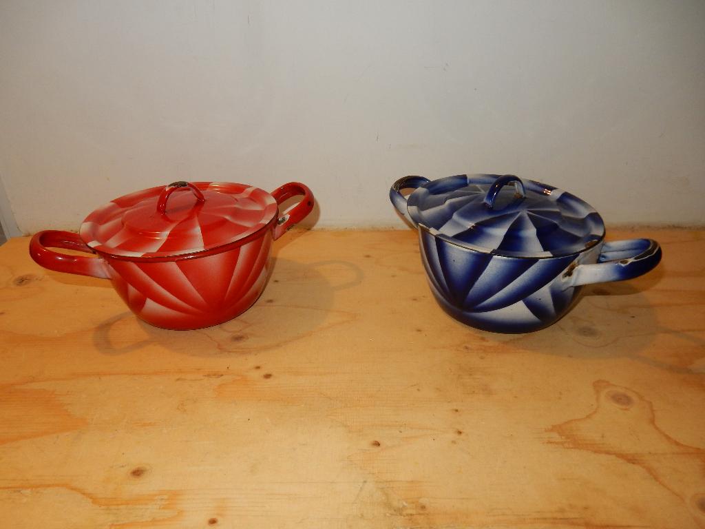 vintage emaille Granita pannen met motief blauw en rood., Ophalen of Verzenden