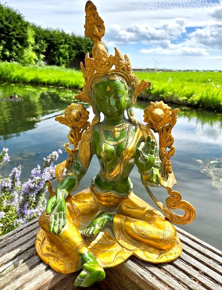 GROENE TARA BEELD BRONS INDIA 38 CM (7,8 KG)!, 38 cm, Nieuw, Ophalen of Verzenden, Gouden accenten