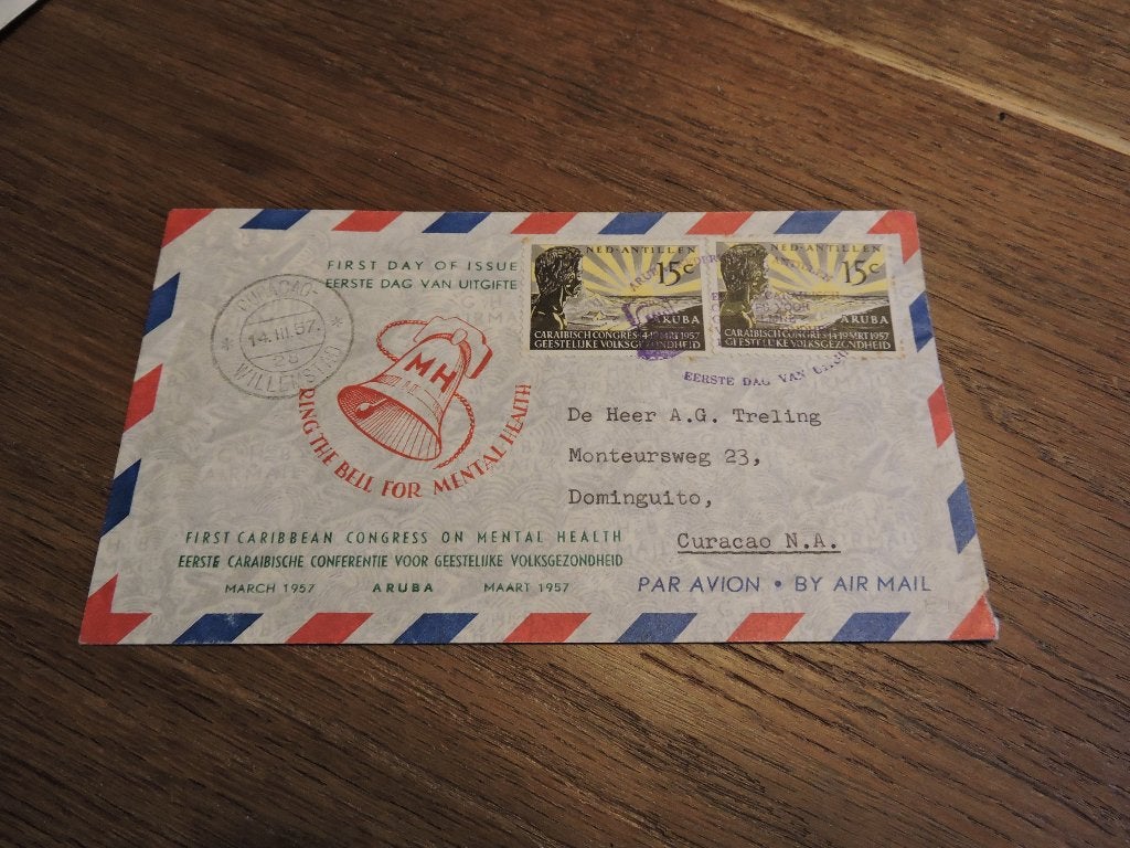 fdc nederlandse antillen  e E1_2M –14 maart 1957 extra zegel, Postzegels en Munten, Ophalen of Verzenden, Gestempeld