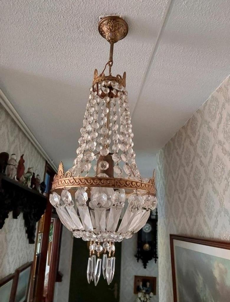 Prachtige Antieke Kristallen Zakkroonluchter - Empire Stijl, Huis en Inrichting, Lampen | Kroonluchters, Ophalen