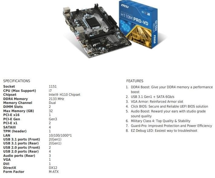 Home Theatre/ GAME Pc upgrade set MSI H110M PRO-VD + i5-6600, Computers en Software, Ophalen, Mini-ATX, LGA 1151, DDR4