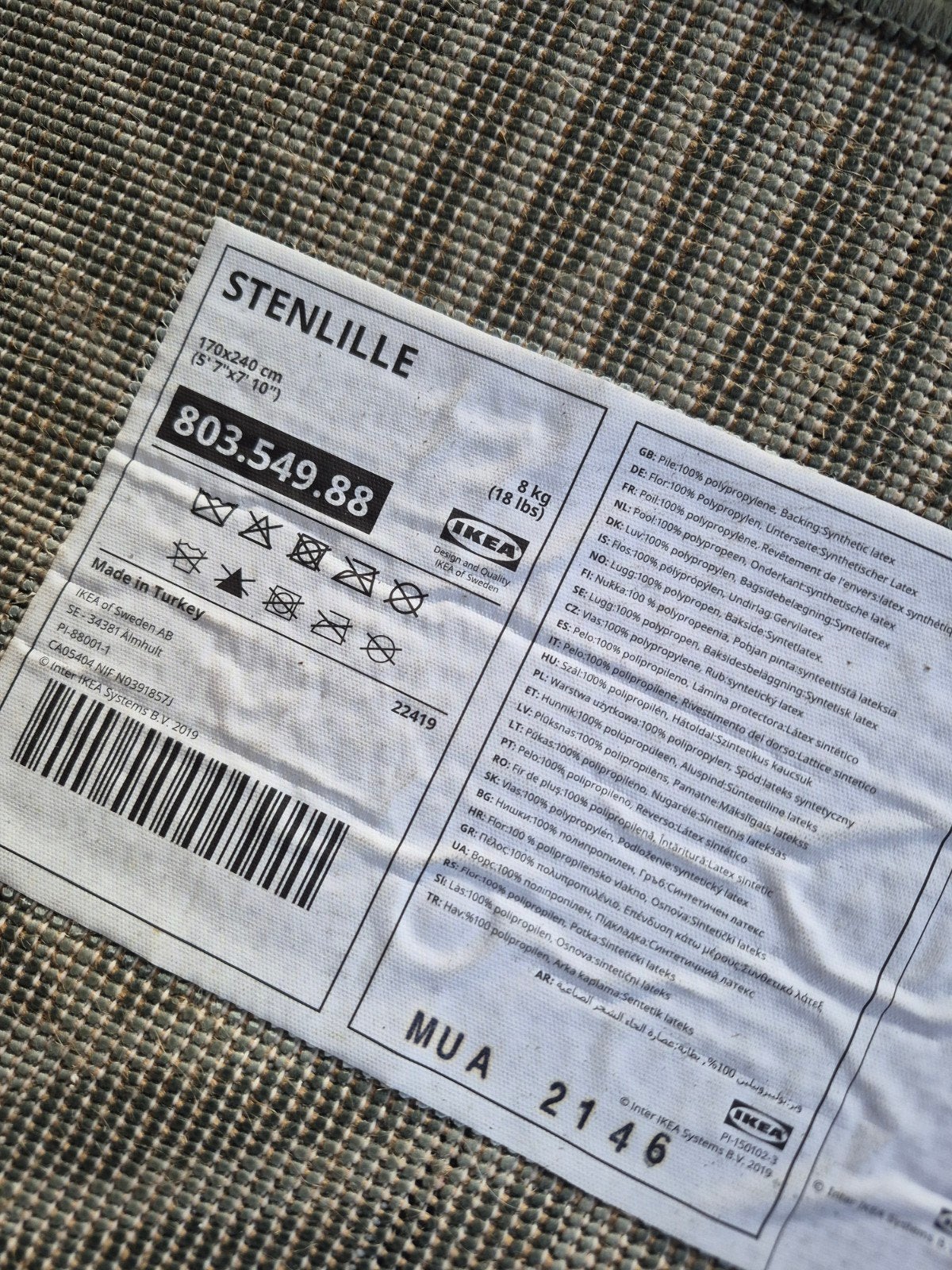 IKEA STENLILLE Vloerkleed - Groen/Wit, 170x240 cm, Ophalen, 150 tot 200 cm, 200 cm of meer, Rechthoekig
