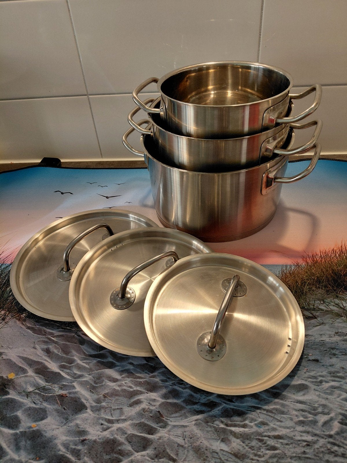 Sola Pannenset - 3 RVS Kookpannen met Deksel, Gebruikt, Geschikt voor inductie, Pannenset, Ophalen of Verzenden