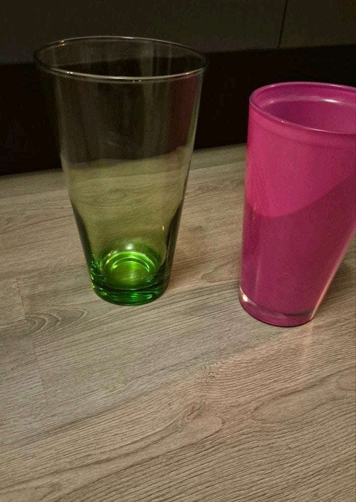 Set van 2 glazen vazen/windlichten - Groen en Roze, Ophalen, Zo goed als nieuw, Meerkleurig, Glas