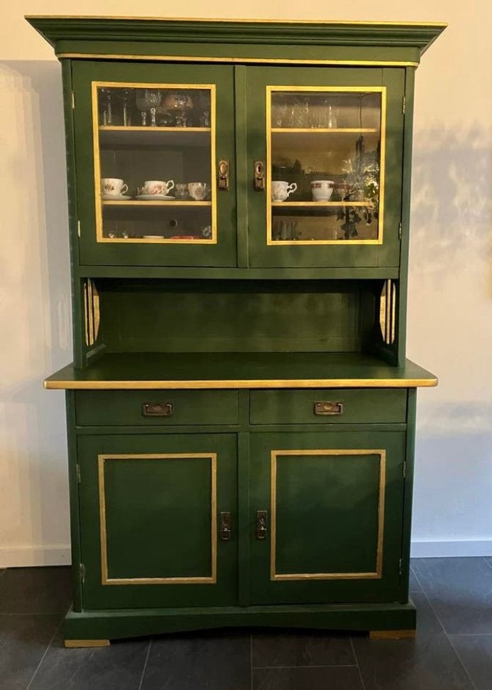 Unieke Groene Buffetkast met Gouden Accenten, Ophalen, Gebruikt, 100 tot 150 cm, Glas