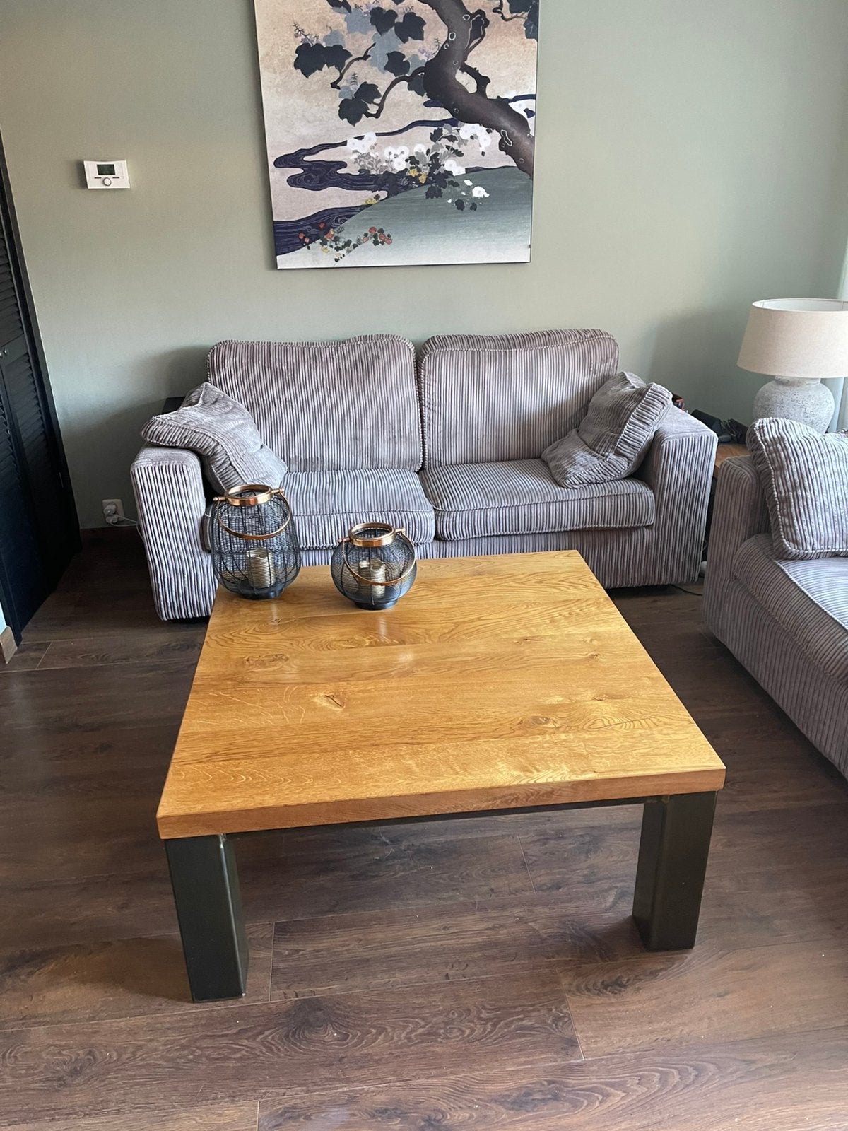Robuuste industriële salontafel van eikenhout en metaal, Ophalen, Gebruikt, 50 tot 100 cm, Vierkant