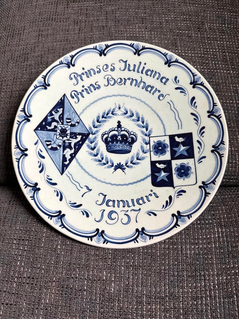 Delfts Blauw Gedenkbord Juliana & Bernhard 1937, Verzamelen, Ophalen of Verzenden