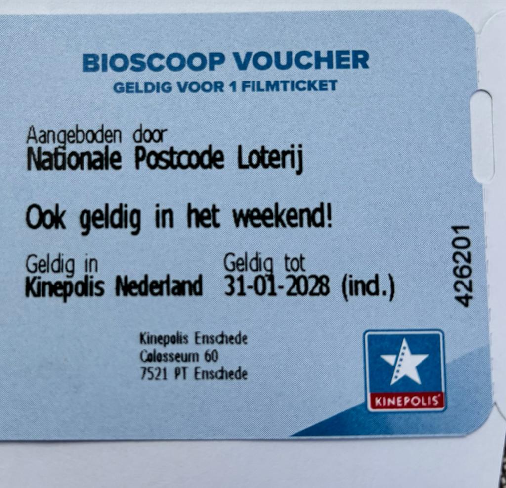 Bioscoop voucher 2x, Tickets en Kaartjes, Twee personen, Vrijkaartje alle films
